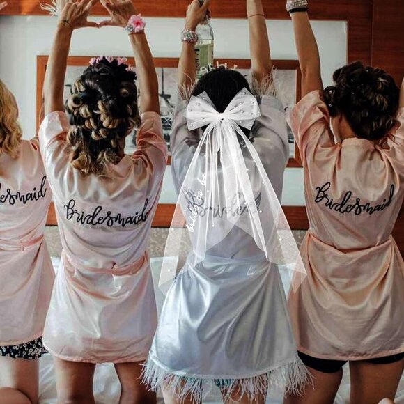 🆕Women White Tulle Pearl 2 Tier Bow Veil Engagement Hair Accessory - Picture 7 of 7